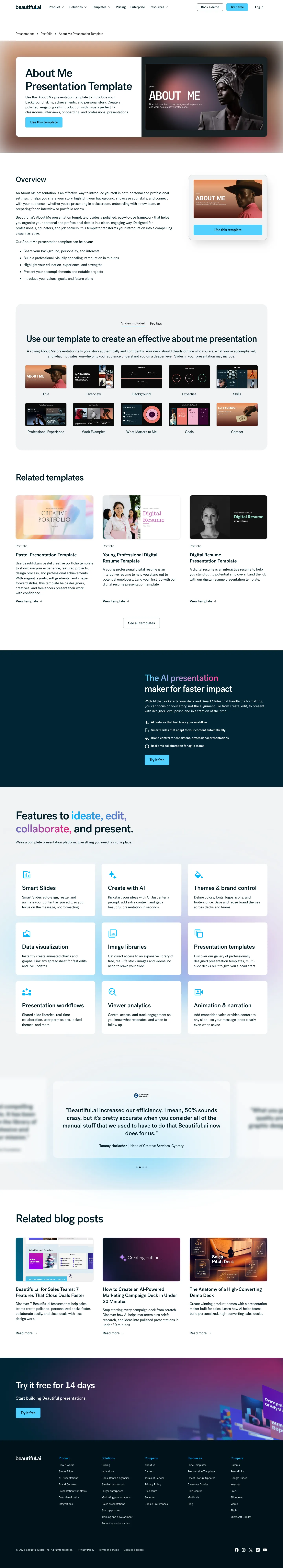 Full screenshot of the live About Me Presentation Template page with numbered annotation markers