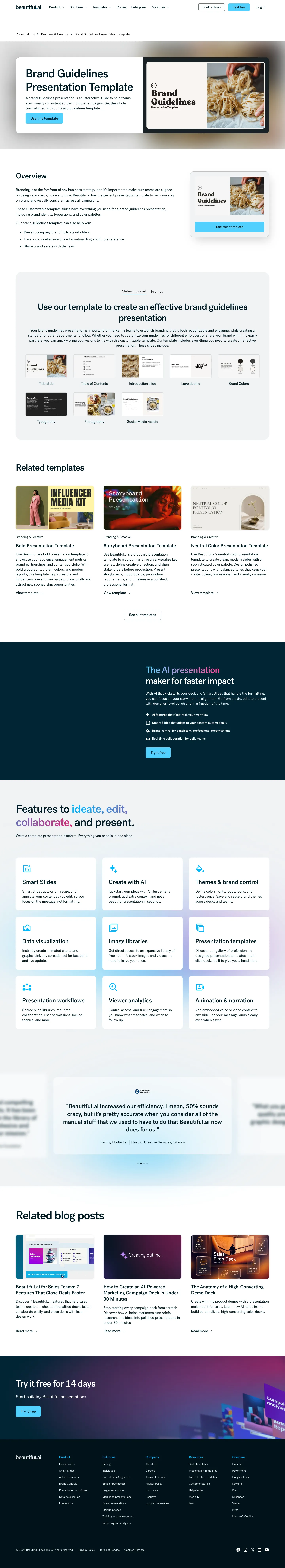 Full screenshot of the live Brand Guidelines Presentation Template page with numbered annotation markers
