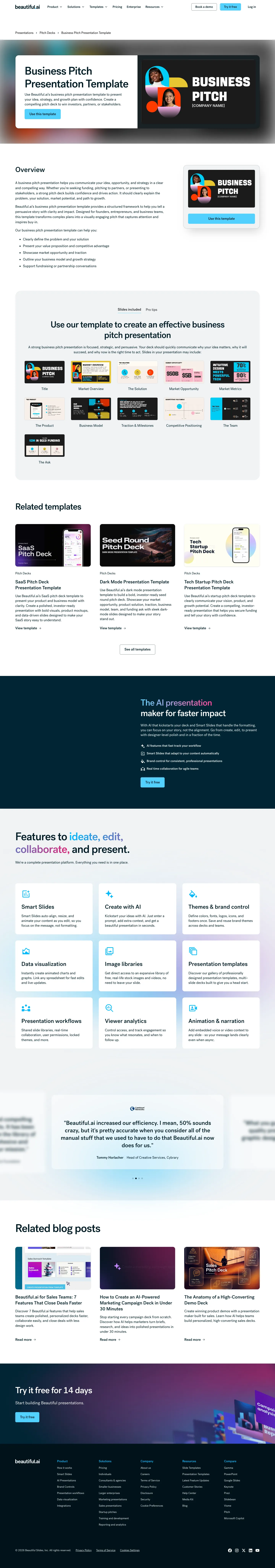 Full screenshot of the live Business Pitch Presentation Template page with numbered annotation markers