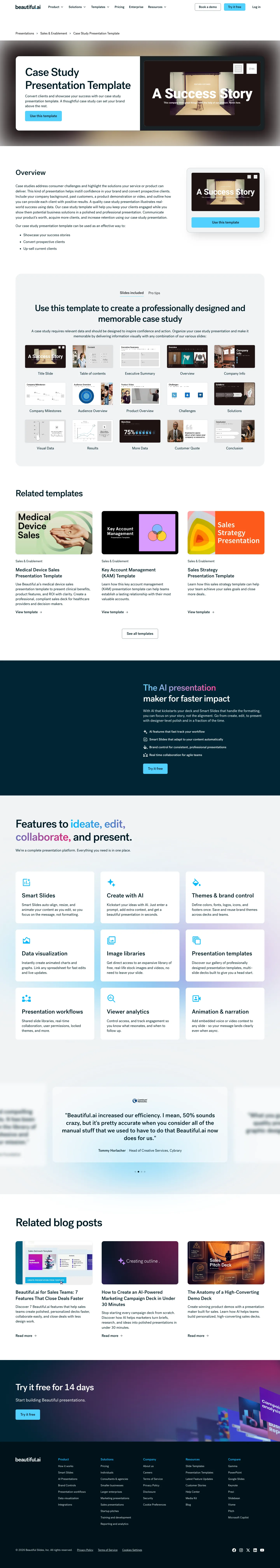 Full screenshot of the live Case Study Presentation Template page with numbered annotation markers