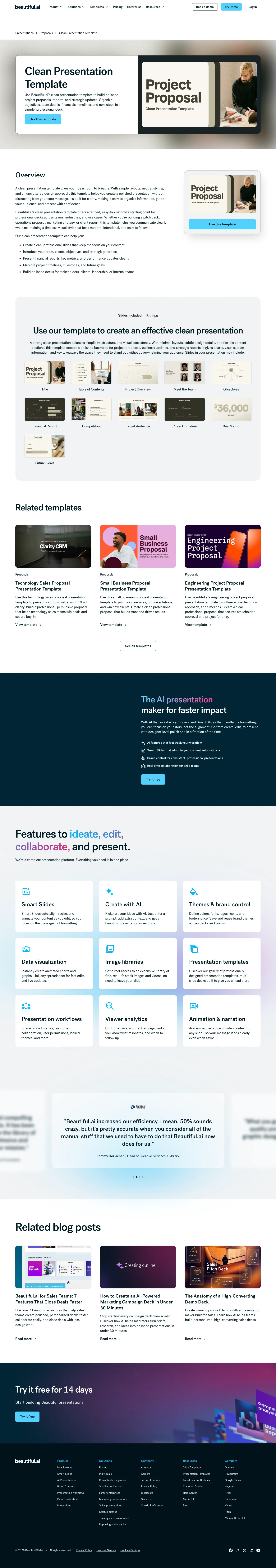 Full screenshot of the live Clean Presentation Template page with numbered annotation markers