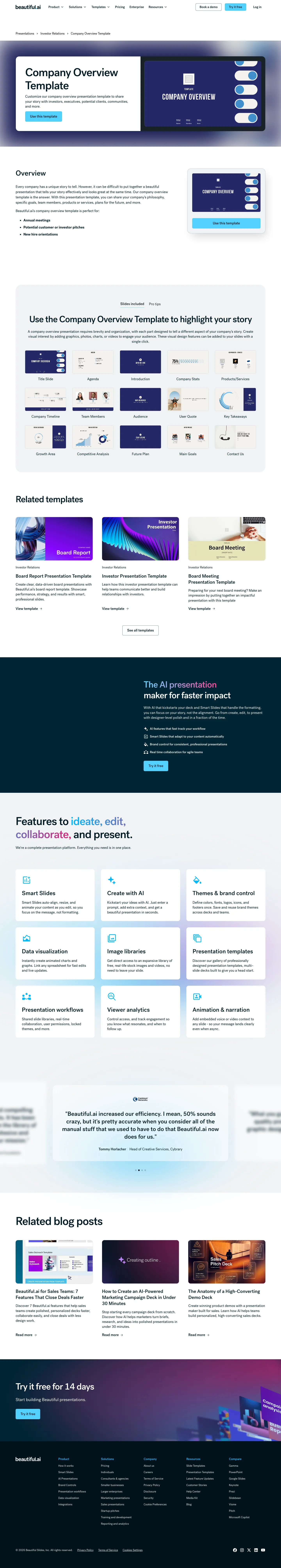 Full screenshot of the live Company Overview Template page with numbered annotation markers