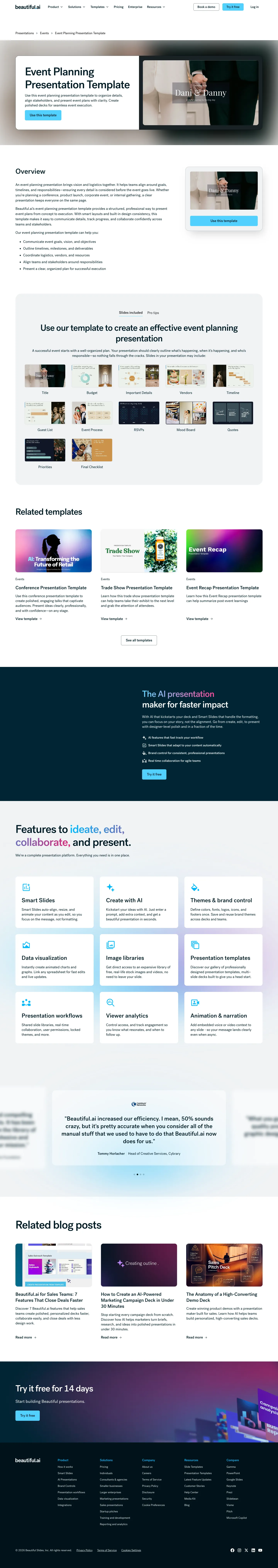 Full screenshot of the live Event Planning Presentation Template page with numbered annotation markers