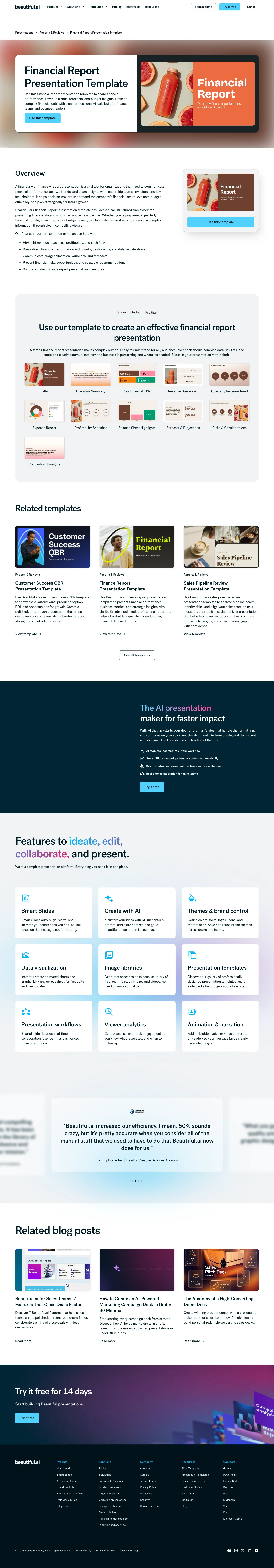 Full screenshot of the live Financial Report Presentation Template page with numbered annotation markers