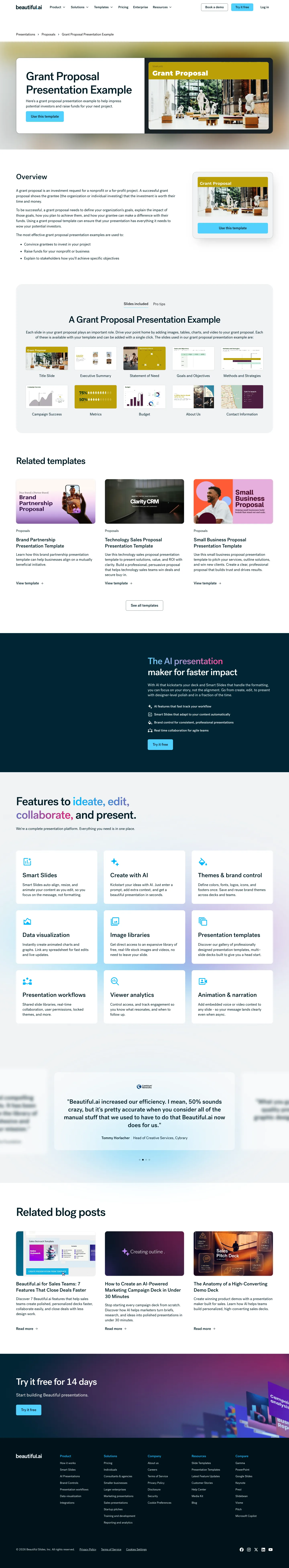 Full screenshot of the live Grant Proposal Presentation Example page with numbered annotation markers
