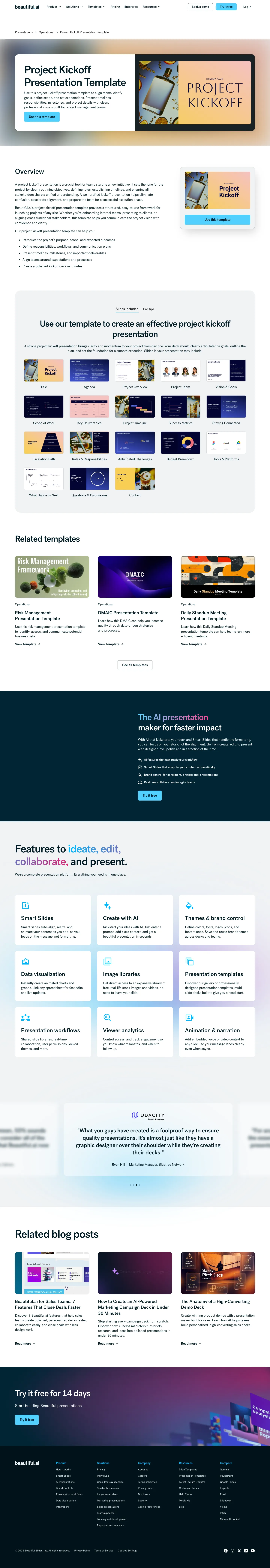 Full screenshot of the live Project Kickoff Presentation Template page with numbered annotation markers