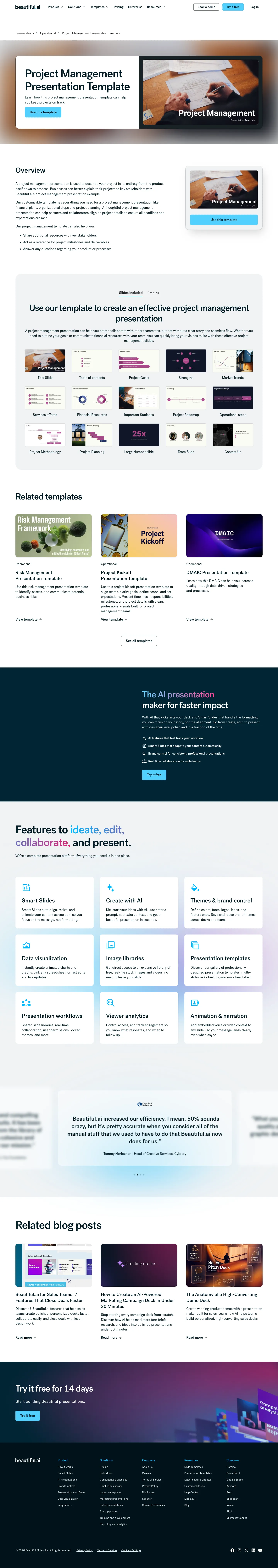 Full screenshot of the live Project Management Presentation Template page with numbered annotation markers
