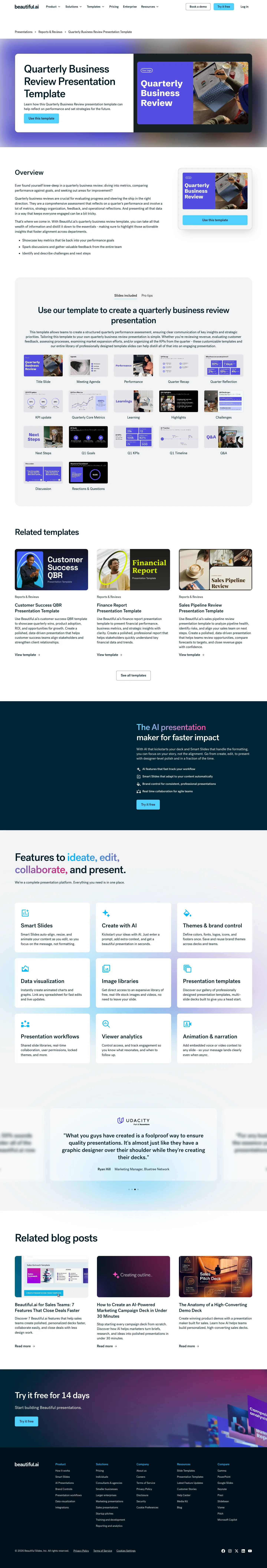 Full screenshot of the live Quarterly Business Review presentation template page with numbered annotation markers