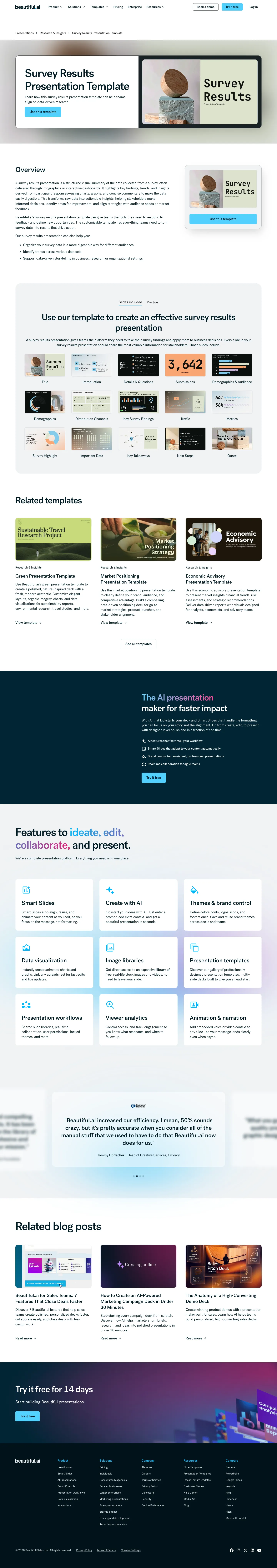 Full screenshot of the live Survey Results Presentation Template page with numbered annotation markers