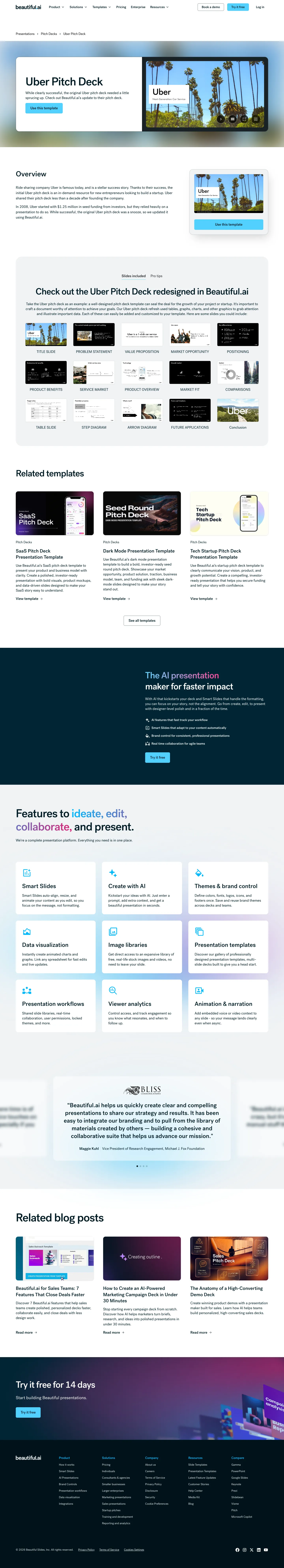 Full screenshot of the live Uber Pitch Deck page with numbered annotation markers